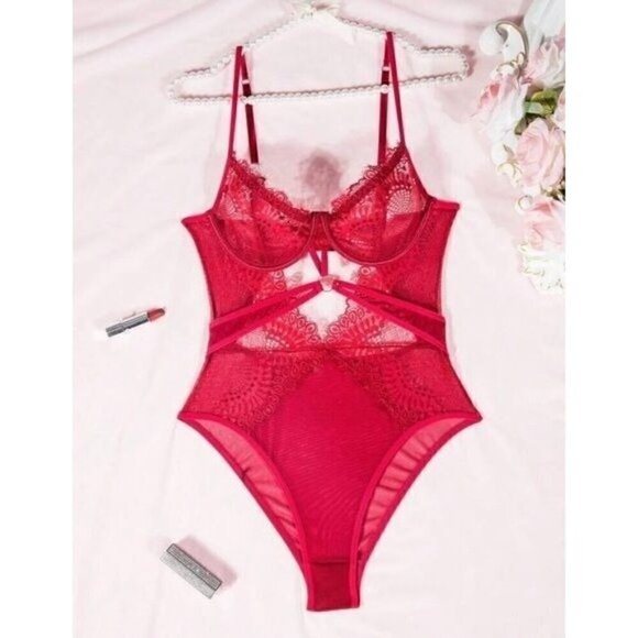 Burgundy Lace Patchwork Bodysuit Lingerie - Picture 1 of 5